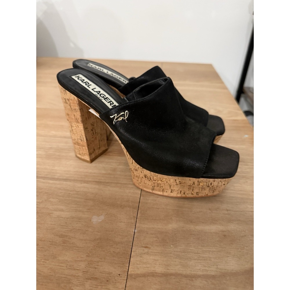 Karl Lagerfeld Paris Black Leather Cork‎ Platform Mule Heels Hensley Size 9.5